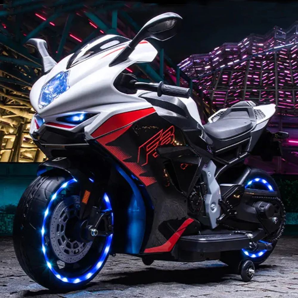Brutale F5 RR Bike | Biggest Bike | 12V/8AH Battery | 45W Two Motors | Hand Accelerator | USB/MP3 | English Rhymes | LED Lit Wheels | English Music | BIS Certified | (White) (3-12 Years)