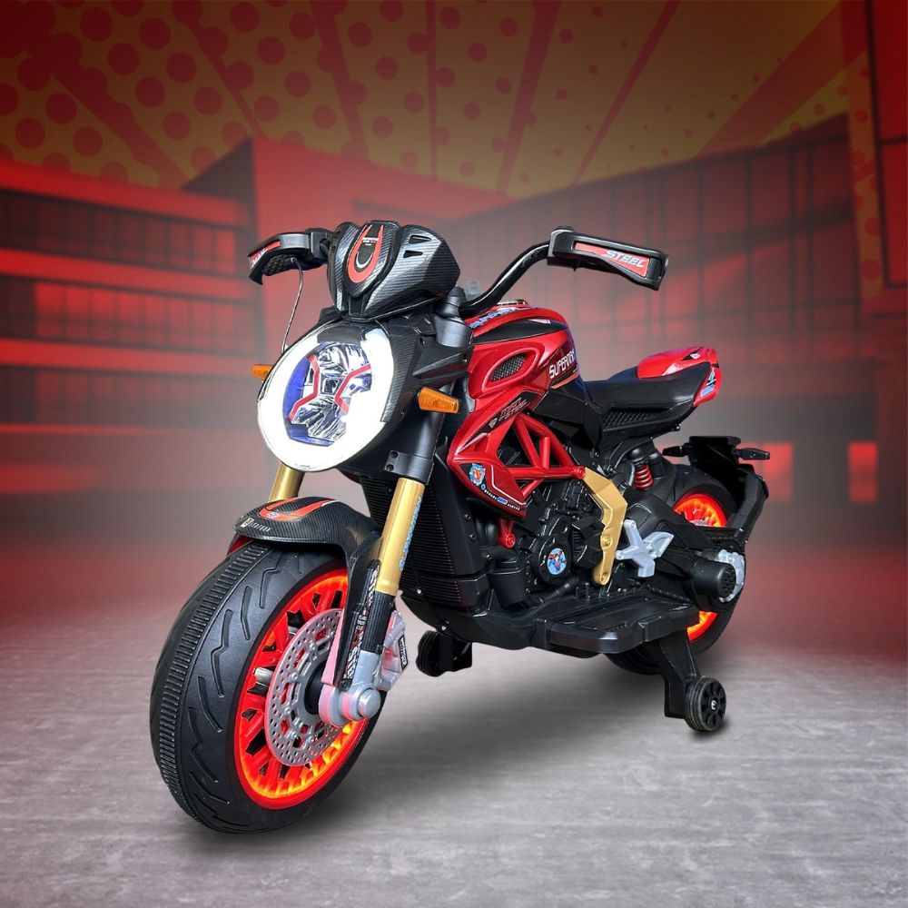 FZ Kids Bike | Hand Accelerator | 12V/5AH Battery | Two 12V/15000 RPM Motors | Hand Accelerator | with Bluetooth | Key Start | Light Wheels | BIS Certified | (Red) (3-10 Years)