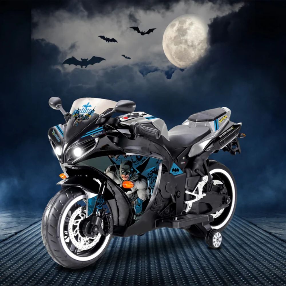 R1 Batman Licensed Bike | 12V/5AH Battery | 12V/15000 RPM Motor | Hand Accelerator | USB/MP3 Interface | LED Light | English Music | BIS Certified | (Metallic Black) (3-8 Years)