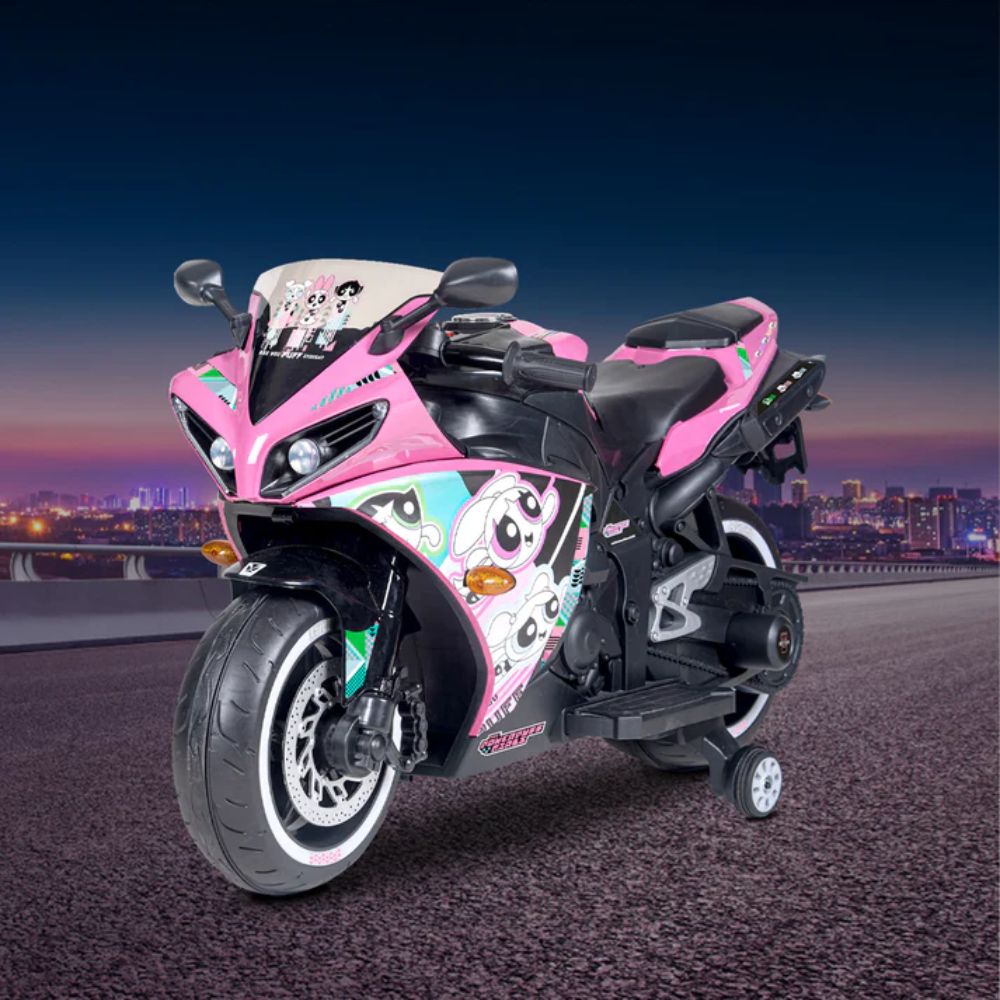 R1 Power Puff Girls Licensed Electric Bike for Kids (3-8 Years) | 12V Battery, LED Lights, Hand Accelerator – Metallic Pink