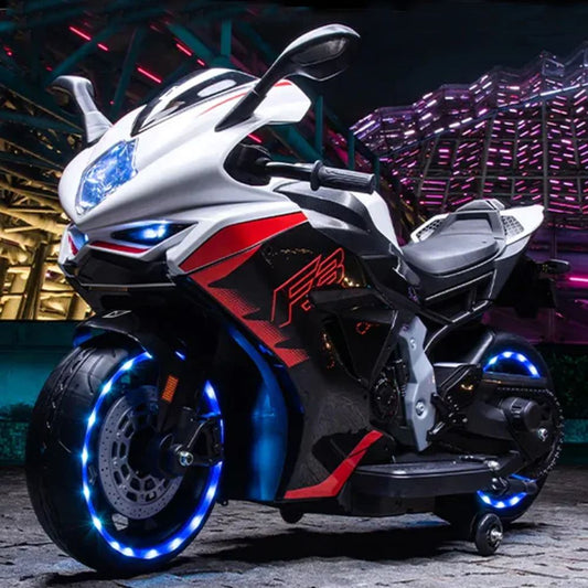 Brutale F5 RR Bike | Biggest Bike | 12V/8AH Battery | 45W Two Motors | Hand Accelerator | USB/MP3 | English Rhymes |&nbsp; LED Lit Wheels | English Music | BIS Certified | (White) (3-12 Years)
