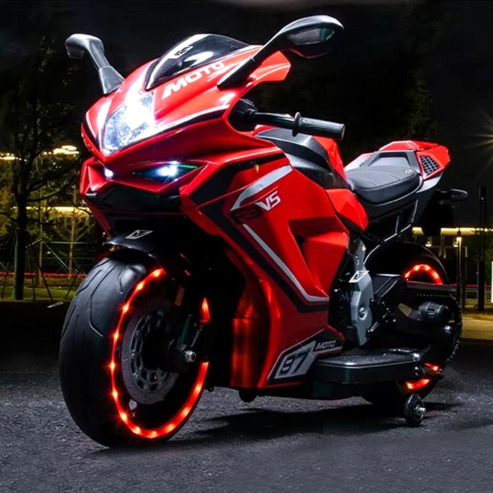 Brutale F5 RR Bike | Biggest Bike | 12V/8AH Battery | 45W Two Motors | Hand Accelerator | USB/MP3 | English Rhymes | LED Lit Wheels | English Music | BIS Certified | (Red) (3-12 Years)