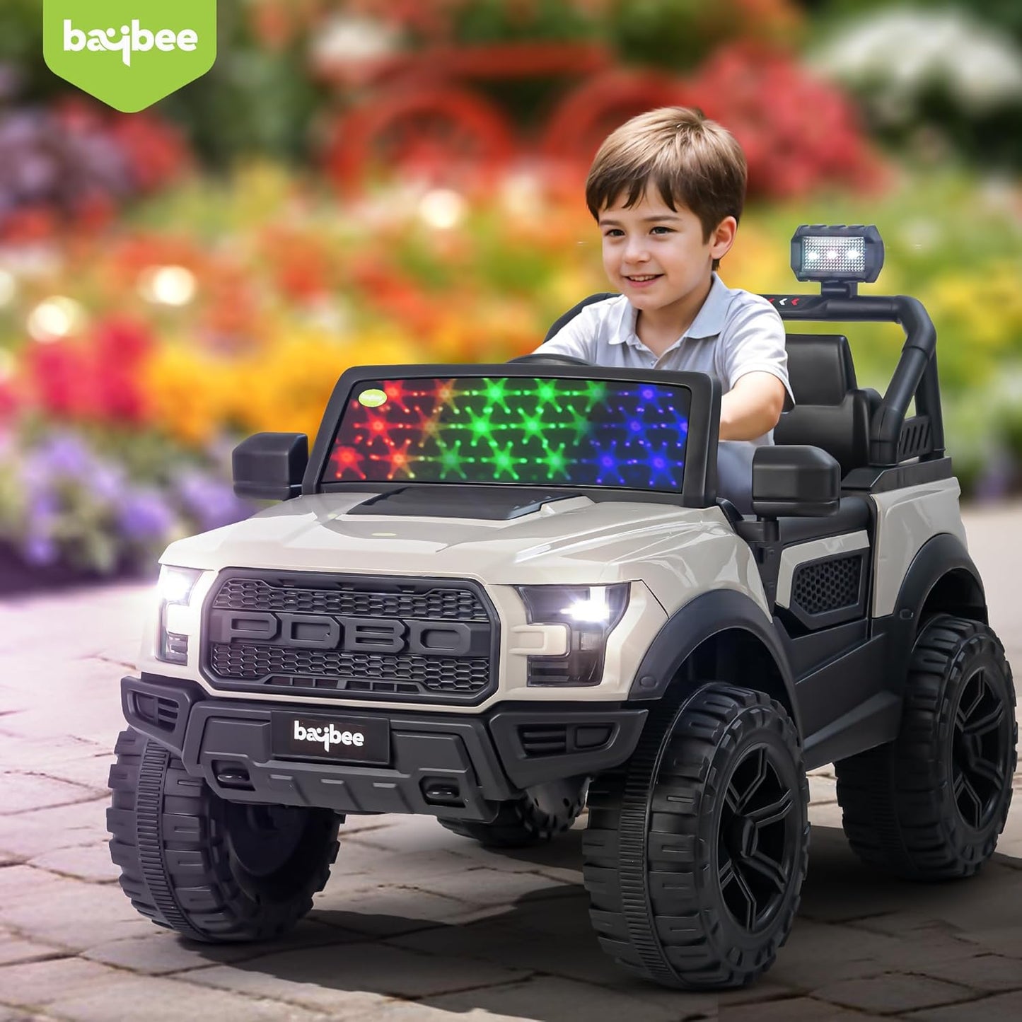 Sri Maheshwari Enterprises - POBO Battery Operated Jeep for Kids, Ride on Toy Kids Car with RGB Windshield Light & Music | Electric Jeep Battery Car | Baby Big Car for Kids to Drive 3 to 8 Years Boys Girls