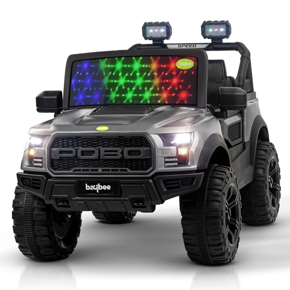 Pobo Kids 4*4 Battery Operated Jeep, Ride on Toy Kid Car with RGB Windshield Light & Music | Electric Jeep Battery Cars | Baby Big Car for Kids to Drive 3 to 8 Years Boys Girls (Black)