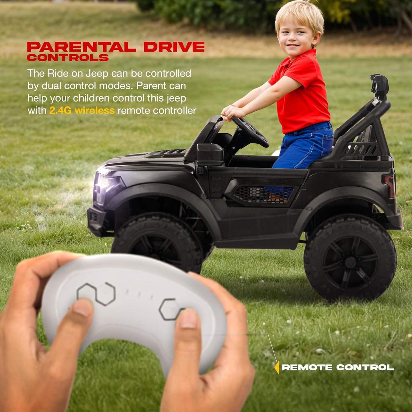 Sri Maheshwari Enterprises - POBO Battery Operated Jeep for Kids, Ride on Toy Kids Car with RGB Windshield Light & Music | Electric Jeep Battery Car | Baby Big Car for Kids to Drive 3 to 8 Years Boys Girls