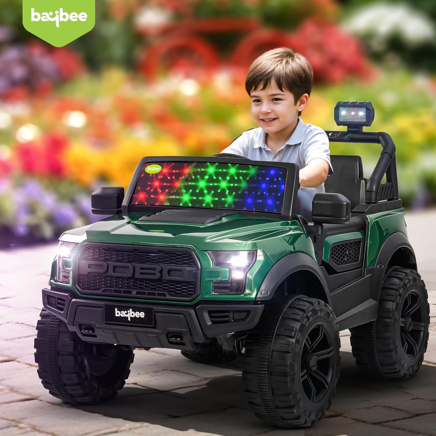 Sri Maheshwari Enterprises - POBO Battery Operated Jeep for Kids, Ride on Toy Kids Car with RGB Windshield Light & Music | Electric Jeep Battery Car | Baby Big Car for Kids to Drive 3 to 8 Years Boys Girls