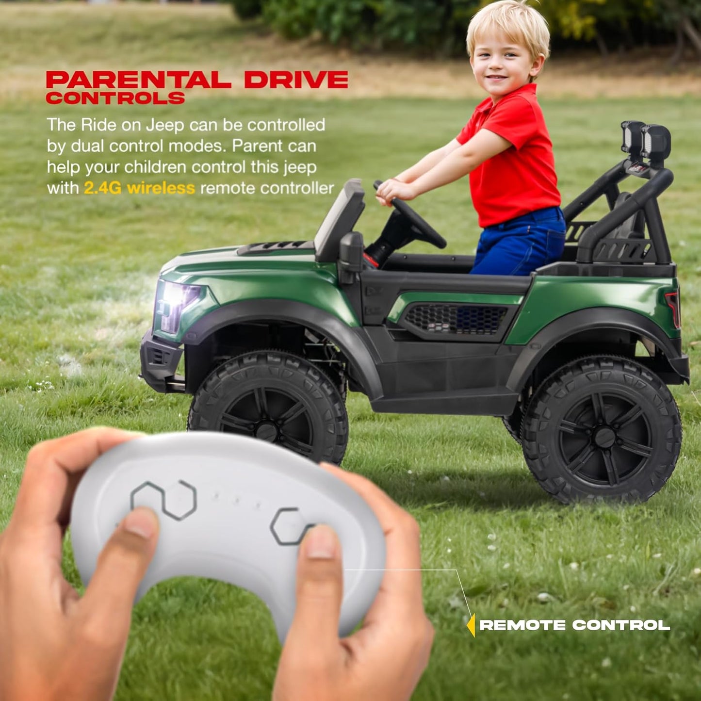 Sri Maheshwari Enterprises - POBO Battery Operated Jeep for Kids, Ride on Toy Kids Car with RGB Windshield Light & Music | Electric Jeep Battery Car | Baby Big Car for Kids to Drive 3 to 8 Years Boys Girls