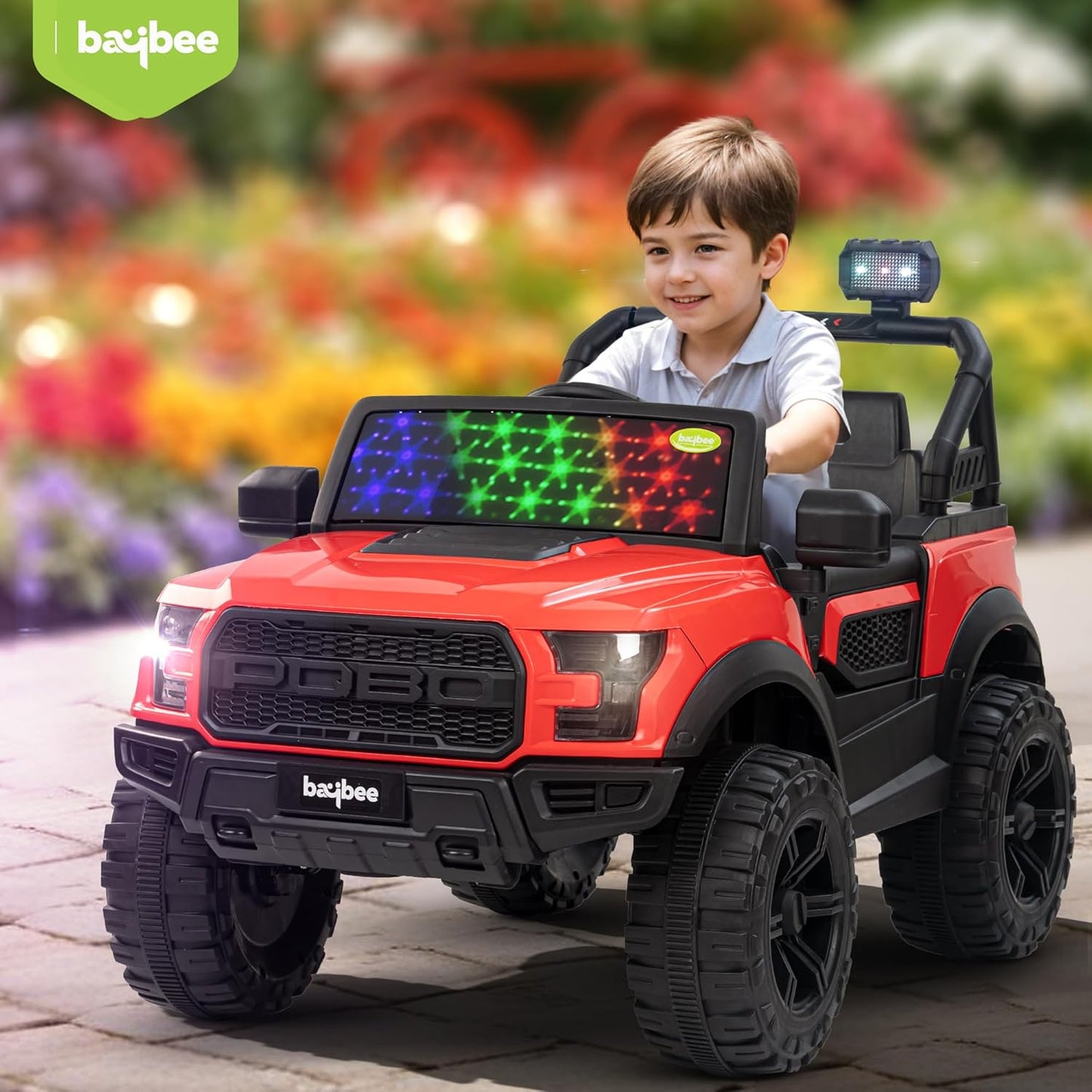 Sri Maheshwari Enterprises - POBO Battery Operated Jeep for Kids, Ride on Toy Kids Car with RGB Windshield Light & Music | Electric Jeep Battery Car | Baby Big Car for Kids to Drive 3 to 8 Years Boys Girls