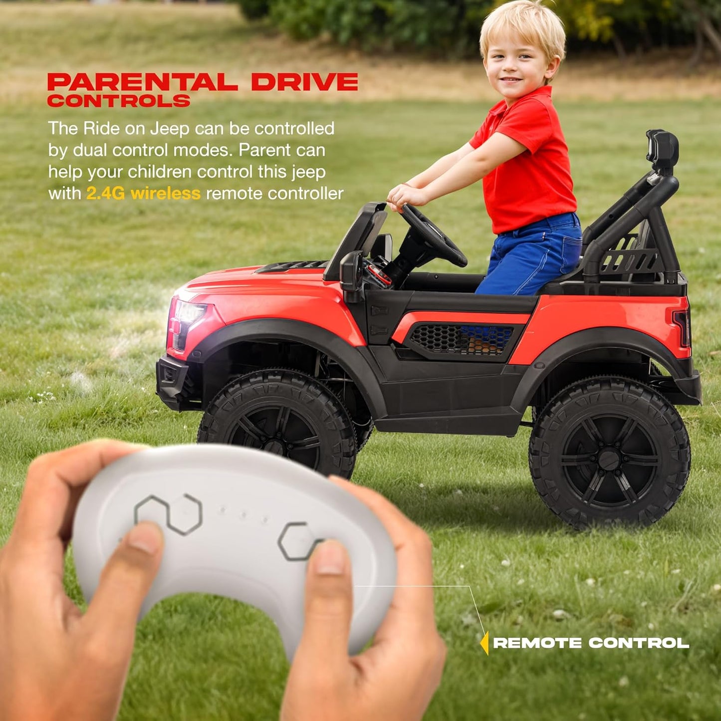 Sri Maheshwari Enterprises - POBO Battery Operated Jeep for Kids, Ride on Toy Kids Car with RGB Windshield Light & Music | Electric Jeep Battery Car | Baby Big Car for Kids to Drive 3 to 8 Years Boys Girls