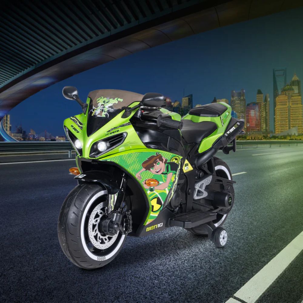 R1 Ben10 Licensed Bike | 12V/5AH Battery | 12V/15000 RPM Motor | Hand Accelerator | USB/MP3 Interface | LED Light | English Music & Rhymes | BIS Certified | (Metallic Green) (3-8 Years)