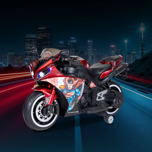 R1 Superman Licensed Bike for Kids | 12V Battery | USB MP3 | Hand Accelerator | LED Lights | Metallic Red