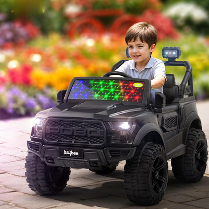 Pobo Kids 2*2 Battery Operated Jeep, Ride on Toy Kid Car with RGB Windshield Light & Music | Electric Jeep Battery Cars | Baby Big Car for Kids to Drive 3 to 8 Years Boys Girls (Black)