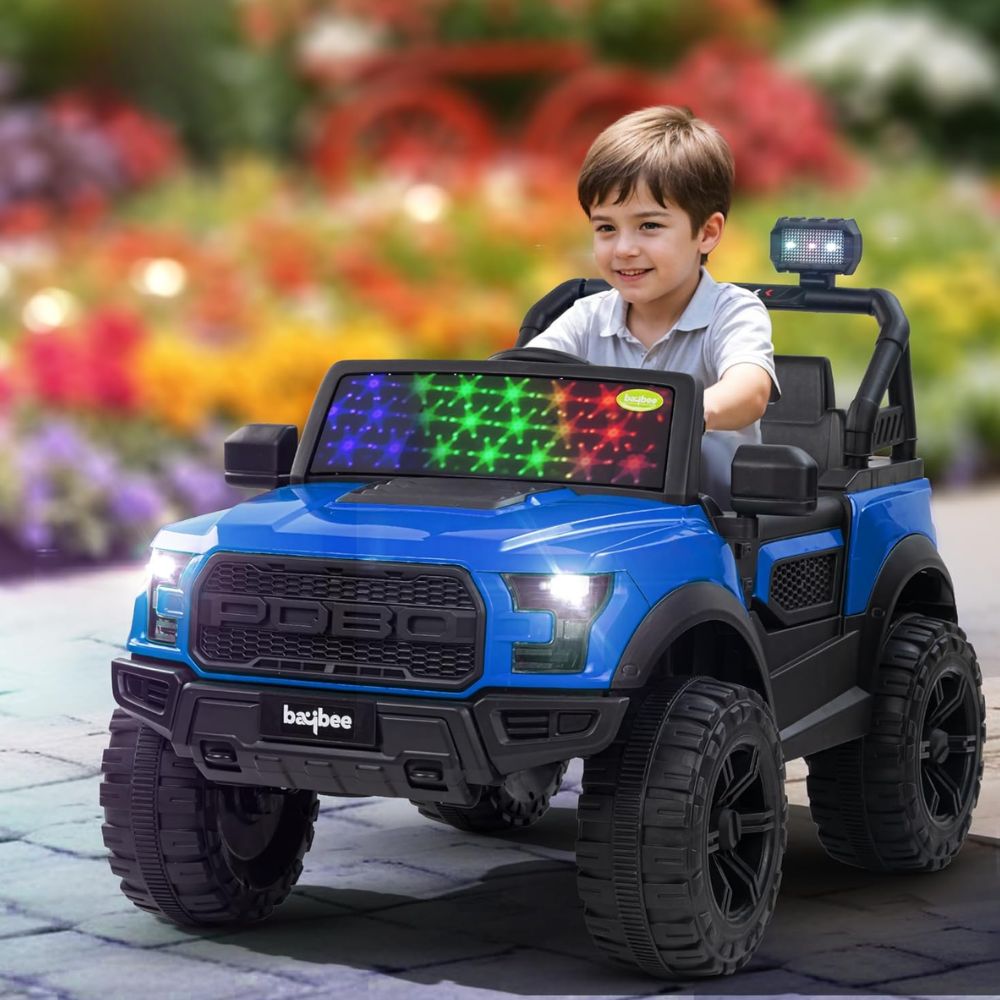 Pobo Kids 2*2 Battery Operated Jeep, Ride on Toy Kid Car with RGB Windshield Light & Music | Electric Jeep Battery Cars | Baby Big Car for Kids to Drive 3 to 8 Years Boys Girls (Black)