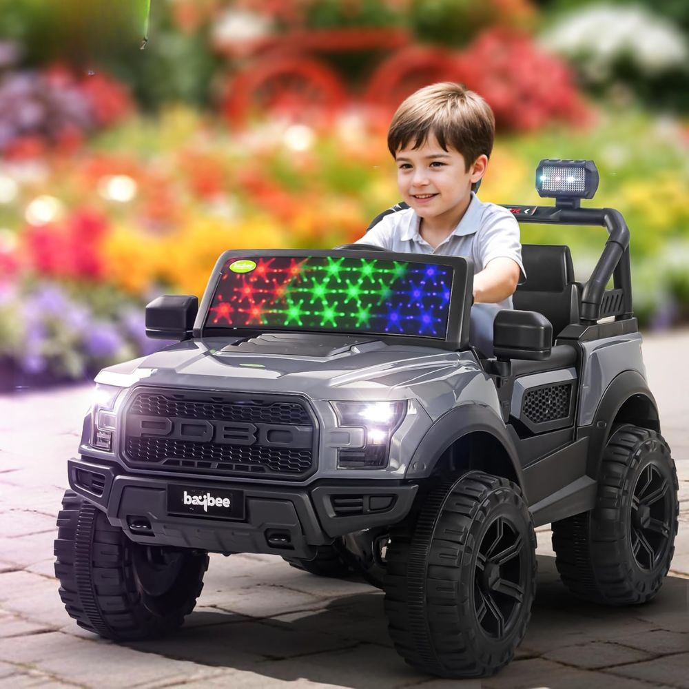 Pobo Kids 2*2 Battery Operated Jeep, Ride on Toy Kid Car with RGB Windshield Light & Music | Electric Jeep Battery Cars | Baby Big Car for Kids to Drive 3 to 8 Years Boys Girls (Black)