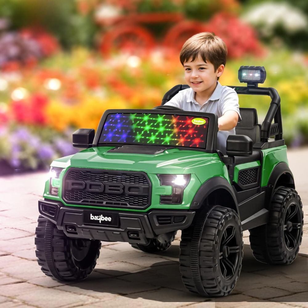 Pobo Kids 2*2 Battery Operated Jeep, Ride on Toy Kid Car with RGB Windshield Light & Music | Electric Jeep Battery Cars | Baby Big Car for Kids to Drive 3 to 8 Years Boys Girls (Black)
