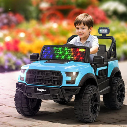 Pobo Kids 2*2 Battery Operated Jeep, Ride on Toy Kid Car with RGB Windshield Light & Music | Electric Jeep Battery Cars | Baby Big Car for Kids to Drive 3 to 8 Years Boys Girls (Black)