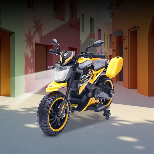 X-Trail Sports 2W Bike | Hand Accelerator | 12V/5AH Battery | 12V/13000 RPM Motor | 2 Big Tool Boxes | USB/MP3 | English Rhymes | Big Wheels | English Music | BIS Certified | (Yellow) (3-8 Years)